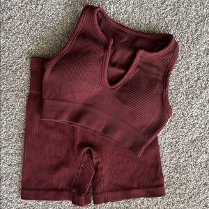 Brown Ribbed Sports Bra and Shorts Set